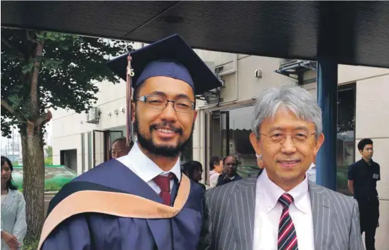  ?? Photo: Supplied ?? Corvin Brady (left) with his supervisor Professor Toshiro Wakayama at IUJ. Brady studied for an IMBA in the country as part of his scholarshi­p.