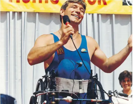  ??  ?? Rick Hansen wheeled himself more than 40,000 kilometres around the globe during his Man in Motion world tour that began in 1985 in Vancouver and ended here two years later.