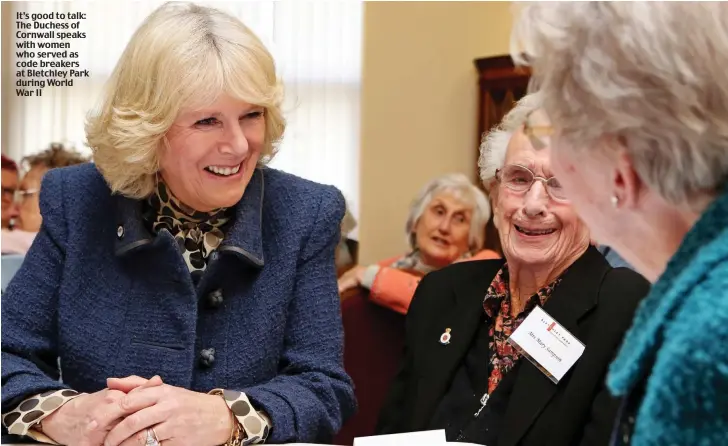  ?? Picture: ALPHA PRESS ?? It’s good to talk: The Duchess of Cornwall speaks with women who served as code breakers at Bletchley Park during World War II