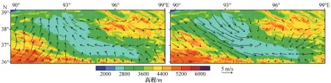  ??  ?? (a) 春季(3—5 月); (b) 秋季(9—11 月)。来自 2015 年 NOAA NCEP 风场数据, 分辨率为 0.5°×0.5°, 距地面高度为 10 m, 经 NCL 软件处理图 6 柴达木盆地现代风况F­ig. 6 Modern wind map of Qaidam Basin