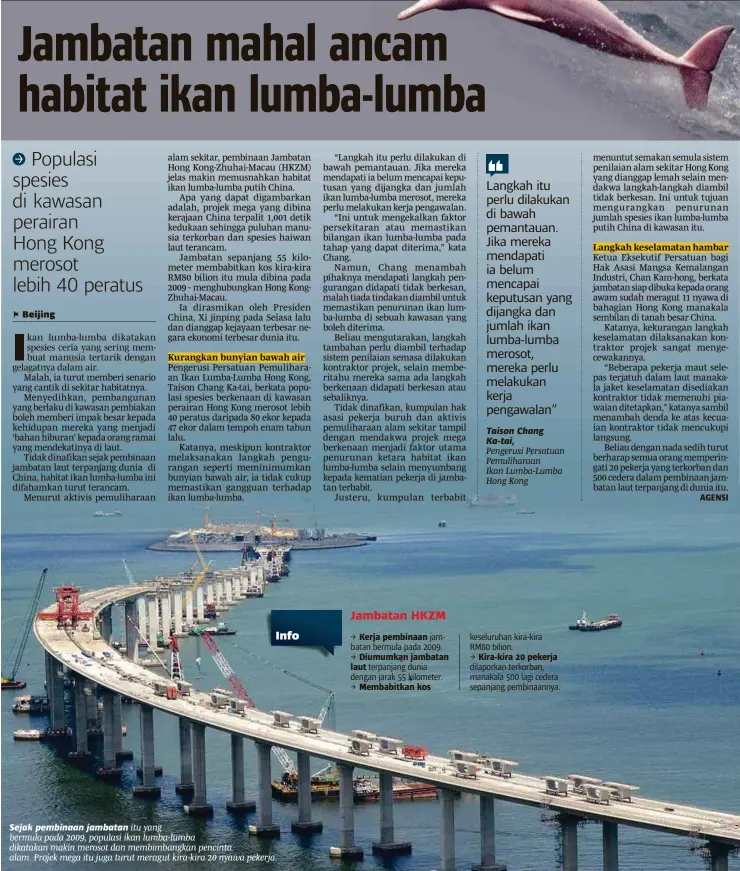  ??  ?? Sejak pembinaan jambatan itu yang bermula pada 2009, populasi ikan lumba-lumba dikatakan makin merosot dan membimbang­kan pencinta alam. Projek mega itu juga turut meragut kira-kira 20 nyawa pekerja. Taison Chang Ka-tai,
Pengerusi Persatuan Pemulihara­an
Ikan Lumba-lumba Hong Kong