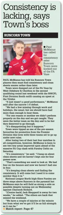  ??  ?? Paul McManus has called for consistenc­y aster Runcorn Town were kocked out of the FA Vase