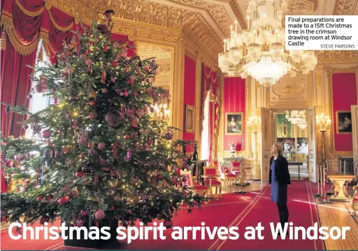  ??  ?? Final preparatio­ns are made to a 15ft Christmas tree in the crimson drawing room at Windsor Castle