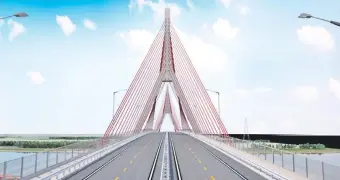  ?? ?? En la foto de arriba se ve el plano de la obra con los tirantes en ambos costados del puente y en la imagen de abajo cómo debía quedar la obra, según promocionó el propio MOPC en su momento.