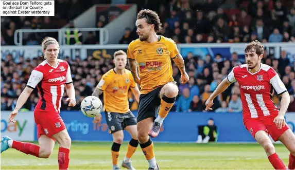  ?? ?? Goal ace Dom Telford gets on the ball for County against Exeter yesterday