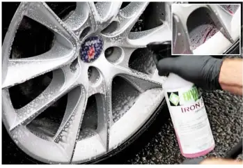  ??  ?? Use a non-acid-based wheel cleaner regularly. A fall-out remover will identify and eradicate any iron deposits from the brakes that have embedded themselves into the lacquer.