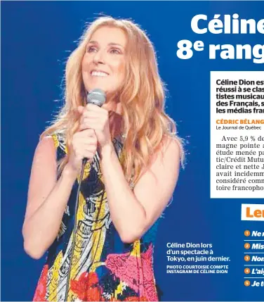  ?? PHOTO COURTOISIE COMPTE INSTAGRAM DE CÉLINE DION ?? Céline Dion lors d’un spectacle à Tokyo, en juin dernier.