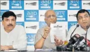  ?? PTI ?? (From left) AAP Rajya Sabha members Sanjay Singh, ND Gupta and Sushil Gupta address the media at the party office on Monday.