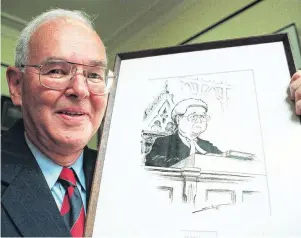  ??  ?? Younger self . . . Chief Justice Sir Thomas Eichelbaum in 1999 holds a sketch of himself drawn by former Otago Daily Times cartoonist Sid Scales from the early 1980s. The Otago District Law Society had a tradition of hanging Mr Scales’ drawings of High Court judges in its robing room.