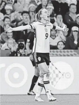  ?? TERTIUS PICKARD/AP ?? Sweden's Kosovare Asllani celebrates after scoring her team's second goal during the Women's World Cup third-place match against Australia on Saturday in Brisbane, Australia.