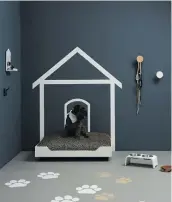  ?? ?? Create a corner your fur baby can call its own. The walls are in Resene Coast and floor in Resene Half Chicago, outlined doghouse is in Resene Half Athens Grey with a door in Resene Armadillo and dog bed exterior in Resene Half Athens Grey and interior in Resene Coast. Wall hooks and coat pegs in Resene Alabaster Resene Alamo and Resene Nero. Stencilled paws in Resene Alamo and Resene Half Athens Grey. Bed fabric from James Dunlop Textiles. Project by Greer Clayton, image by Bryce Carleton.