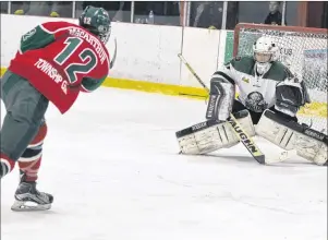  ?? JASON SIMMONDS/JOURNAL PIONEER ?? Charlottet­own Bulk Carriers Pride goaltender Erik MacInnis makes a save on this second-period shot by the Kensington Monaghan Farms Wild’s Colby MacArthur. The Pride defeated the Wild 3-2 in Kensington on Saturday night. The Wild now leads the...