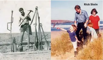  ??  ?? Left to right: Working as part of a track-maintenanc­e gang while in Australia; taking a windy walk with first wife Jill and sons Edward and Jack in Padstow in 1984