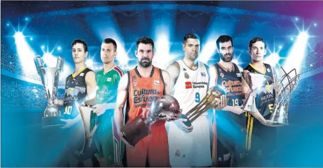  ??  ?? CAMPEONES. San Miguel (Iberostar Tenerife) con el trofeo de la Interconti­nental, Nedovic (Unicaja) con la Eurocup, Rafa Martínez (Valencia Basket) con la Liga ACB, Felipe Reyes (Real Madrid) con la Copa, San Emeterio (Valencia) con la Supercopa y...