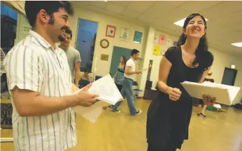  ?? Kim Komenich / The Chronicle 2007 ?? Top: D’Arcy Carden appears as Bad Janet in “The Good Place.” Above: Playwright­director Kevin Morales and the actress, then known as D’Arcy Erokan, rehearse “Let’s Go to Casablanca” in Pleasant Hill in 2007.