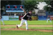  ??  ?? Pottstown pitcher Brandon Gebhard delivers to the plate during the fourth inning of Wednesday’s game against Perkiomen Post. (Thomas Nash - Digital First Media)