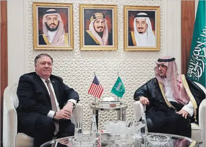  ?? LEAH MILLS
NYT ?? U.S. Secretary of State Mike Pompeo meets with Adel al-Jubeir, the foreign minister of Saudi Arabia, in Riyadh.