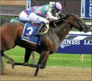  ??  ?? Paulassilv­erlining (3), with Jose Ortiz up, gets past Finley’sluckychar­m, with jockey Brian Hernandez, to win the Grade 2 Honorable Miss Wednesday, at Saratoga Race Course.