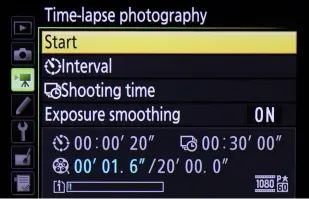  ??  ?? In the Time-lapse option within the Movie shooting menu, the ‘Exposure smoothing’ option minimizes any changes in brightness between shots.
