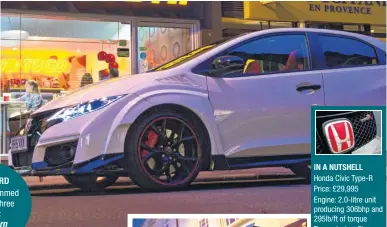  ??  ?? IN A NUTSHELL Honda Civic Type-R Price: £29,995 Engine: 2.0-litre unit producing 306bhp and 295lb/ft of torque Transmissi­on: Sixspeed manual gearbox driving the front wheels Performanc­e: Top speed 167mph, 0-62mph in 5.7 seconds Economy: 38.7mpg...