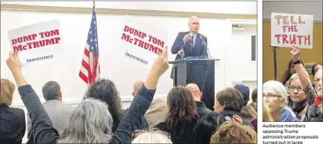  ?? MARK Z. BARABAK / LOS ANGELES TIMES CLOUD TIMES ?? Rep. Tom McClintock, R-Cal., speaks at a town hall meeting about Republican proposals in Congress and actions by President Donald Trump on health care, immigratio­n and the environmen­t, on Tuesday in his district. Raucous crowds have been attending town...