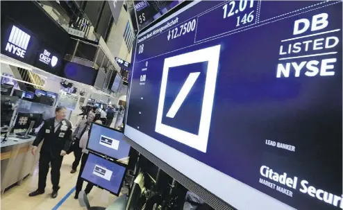  ?? RICHARD DREW / THE ASSOCIATED PRESS ?? The Deutsche Bank post at the New York Stock Exchange. Citi did not include Deutsche in its recommenda­tions.