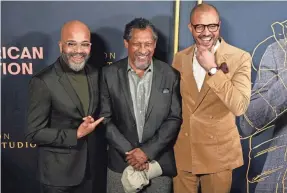  ?? CHRIS PIZZELLO/INVISION/AP ?? “American Fiction” star Jeffrey Wright, left, with Percival Everett, author of “Erasure” the novel that provides the basis for the film, and writer/director Cord Jefferson at an Academy of Motion Picture Arts and Sciences screening.