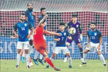  ?? AFP ?? India defended solidly but China struck the woodwork twice and missed many chances in their first meeting in 21 years.