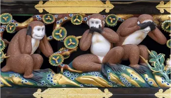  ??  ?? 2. Carved monkeys in a panel on the facade of the sacred horse stable at Nikko (photo: 2019)