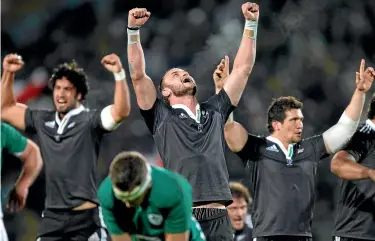  ?? NZPA ?? Hayden Triggs, centre, celebratin­g the Māori All Blacks’ win over Ireland in Rotorua in 2010.