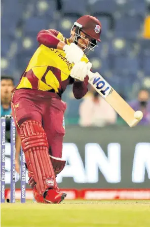  ?? AP ?? West Indies’ Shimron Hetmyer bats during the Cricket Twenty20 World Cup match against Sri Lanka in Abu Dhabi, United Arab Emirates on Thursday.