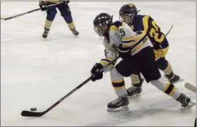  ?? JEN FORBUS — THE MORNING JOURNAL ?? Amherst’s Jacob Kramer and Olmsted Falls’ Brady Fitz-Patrick vie for the puck.