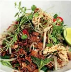  ??  ?? The Thai coconut poached chicken salad from Christchur­ch’s JDV.