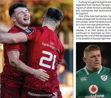  ??  ?? Jack Stafford congratula­tes Calvin Nash after setting him up for the last Munster try. Tadhg Furlong takes a breather against Argentina on Saturday.