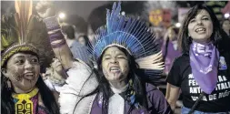  ?? PHOTO: GETTY IMAGES ?? We don’t want him . . . Sonia Guajajara (centre), an indigenous candidate for vicepresid­ent by the PSOL party, participat­es in a protest against the farright’s presidenti­al candidate yesterday, in Sao Paulo, Brazil.