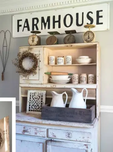  ??  ?? Right: One of Amy’s favorite collection­s is her stash of rusty scales. In the dining room, they crown the two-piece Hoosier cabinet, which is filled with ironstone bowls, vintage Dundee marmalade jars and an old iron grate. To break up the neutral palette, she also added a dark-colored crate and a berry and grapevine wreath.