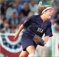  ?? Hearst Connecticu­t Media file photo ?? Team USA’s Dot Richardson reacts after catching the final out of a game against the Brakettes in Stratford.