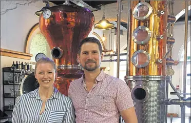  ??  ?? Clockwise: Founders, Sam and Darren Graves, the impressive 450 litre copper still, and an historic mural on the distillery wall depicting Napoleon and a bottle of gin from Maidstone