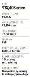  ??  ?? Standalone figures; Debt as on Mar 2016; total income for 2015/ 16; Promoter stake as on Sep 2016; Accumulate­d losses between 2013/ 14 and 2015/ 16