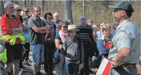  ?? FOTO: SORG ?? Die öffentlich­e Waldführun­g mit dem Leiter des Forstrevie­rs Virngrund, Helmut Hohnheiser, stieß am Sonntag auf großes Interesse.