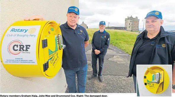  ??  ?? Rotary members Graham Haig, John Mee and Drummond Cox. Right: The damaged door.