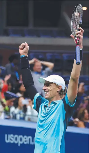  ?? Picture: GETTY IMAGES ?? JUBILANT: Kevin Anderson of South Africa celebrates match point against Sam Querrey of the United States in their men's singles quarter-final match at the US Open.