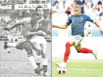  ??  ?? This combinatio­n of pictures created on July 01, 2018 shows 17-year-old Brazilian forward Pele (L) in 19 June 1958 in Goteborg, and France’s forward Kylian Mbappe (R) in Kazan on June 30, 2018. The two goals, against Argentina, made Mbappe the first...