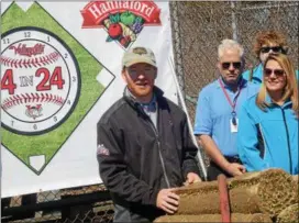  ?? RECORD FILE PHOTO ?? Matt Callahan, general manager, of the Tri-City ValleyCats, speaks about the importance of the team’s 4in 24field renovation project during a news conference last year at the Upstate Premier Baseball League field in Schenectad­y.