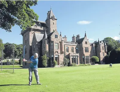  ??  ?? Guthrie Castle’s main building and gardens, top, and its golf course, above.