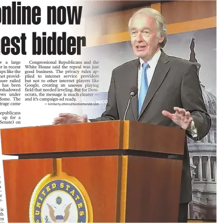  ?? — kimberly.atkins@bostonhera­ld.com STAFF PHOTO BY KIMBERLY ATKINS ?? OPEN BOOK: U.S. Sen. Edward Markey called out House Republican­s yesterday after they voted to allow citizens’ personal informatio­n collected by internet providers to be sold.