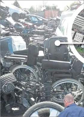  ??  ?? Wheelchair­s returned to NHS WestMARC Yoker wheelchair depot for repair, which have been sold on to neighbouri­ng Clydeside Auto Recyclers