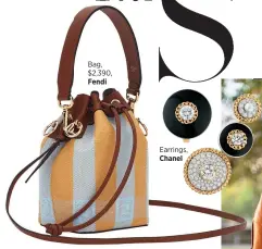  ??  ?? Bag, $2,390, Fendi
Earrings, Chanel