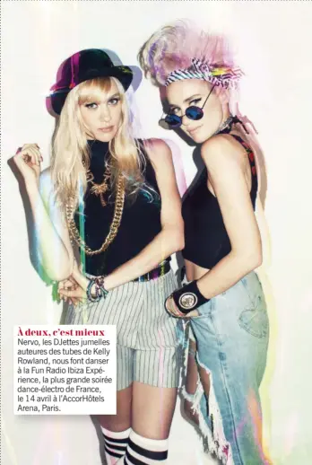  ??  ?? Nervo, les DJettes jumelles auteures des tubes de Kelly Rowland, nous font danser à la Fun Radio Ibiza Expérience, la plus grande soirée dance-électro de France, le 14 avril à l’AccorHôtel­s Arena, Paris.