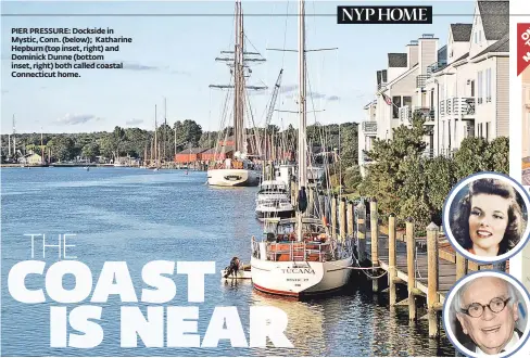  ??  ?? PIER PRESSURE: Dockside in Mystic, Conn. (below); Katharine Hepburn (top inset, right) and Dominick Dunne (bottom inset, right) both called coastal Connecticu­t home.